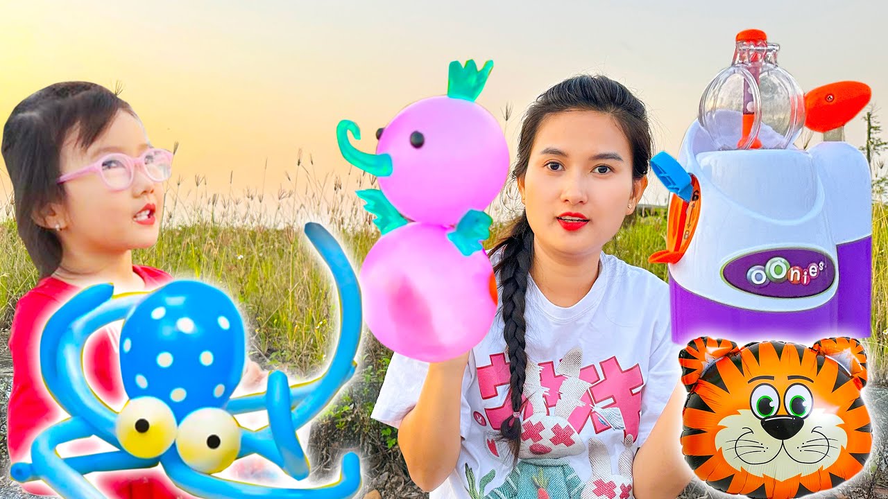 Changcady review máy thổi bong bóng, thổi ra hình các con vật: con lợn, con gà, con mèo