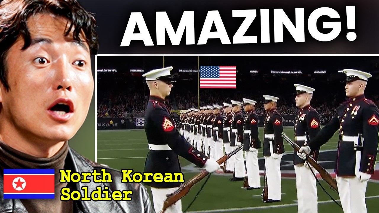 North Korean Soldier reacts to USA Marine Corps Silent Drill Platoon Halftime Show (First Time)