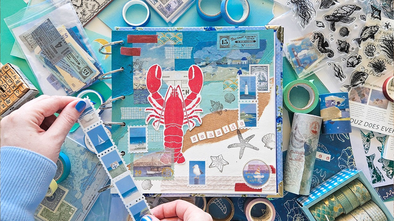 ASMR Scrapbook With Me #49 | Seaside Theme | Relaxing Stationery Sounds | No Talking