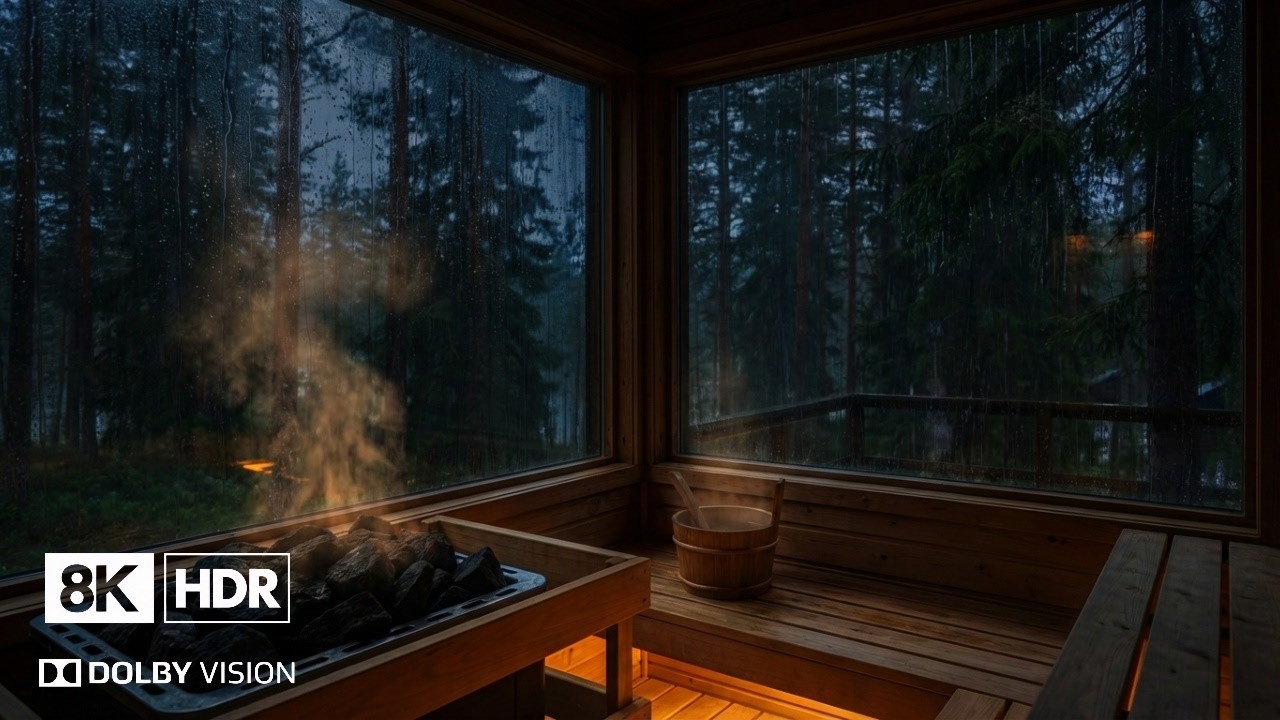 Cozy Rainy Sauna in the Forest 🌧️🔥 Steaming Kiuas, Gentle Rain & Deep Relaxation 8K Ultra HD 2 Hours