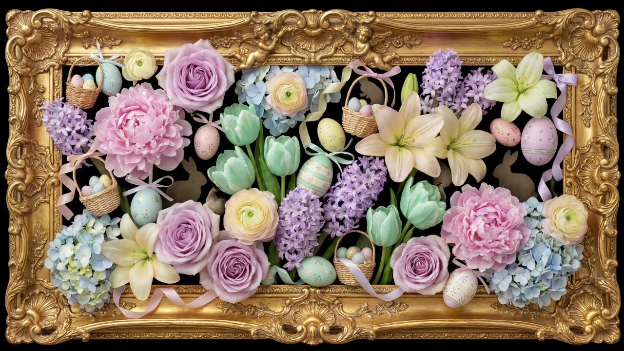 Easter Pastel Flowers & Décor in a Golden Frame 🐣🌸 | 4K Frame TV Art | Spring TV Wallpaper