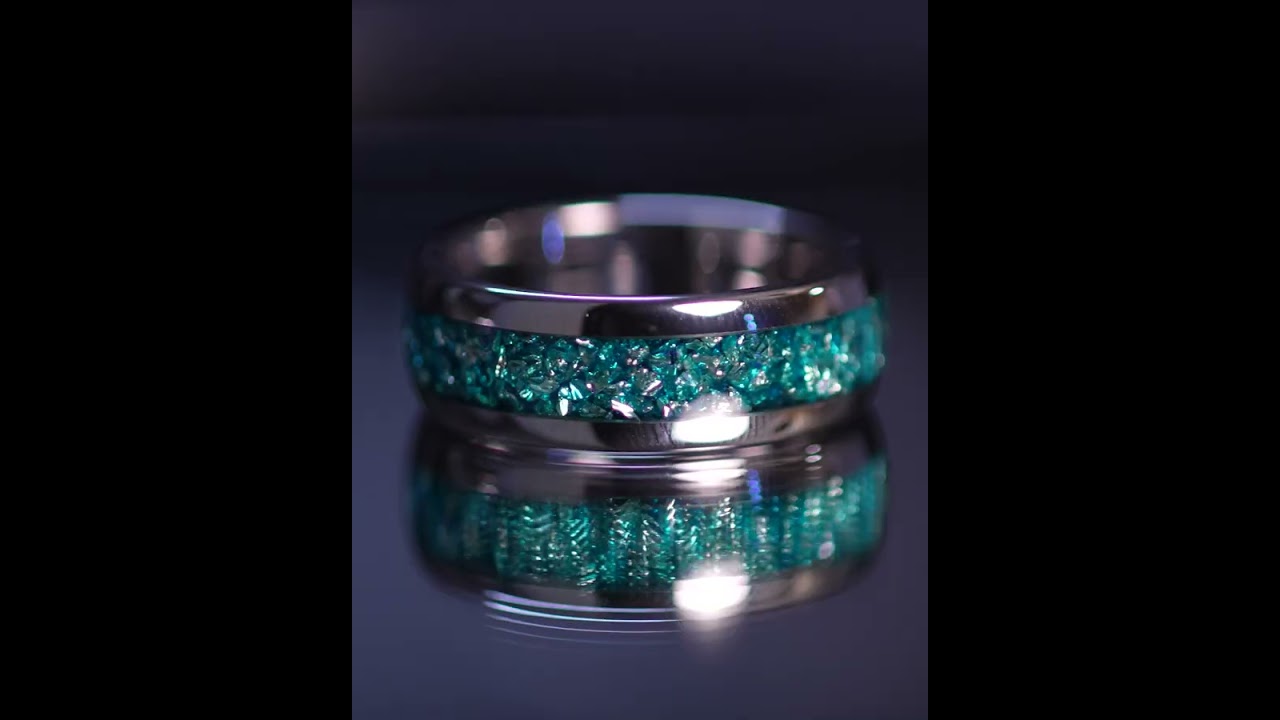 Stunning Silver Tungsten Carbide Ring with Aquamarine Inlay! #mensweddingbands #mensring #Aquamarine