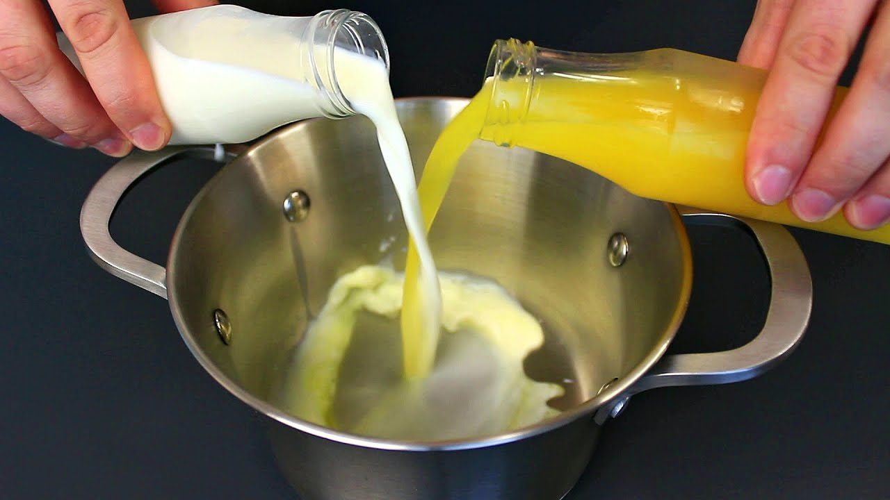 Milch mit Orangensaft mischen! Das ist so lecker, dass ich es fast jeden Tag koche!