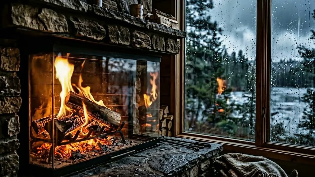12 Hours Fireplace & Rain 🔥🌦️  Cozy Cabin Ambience for Sleep