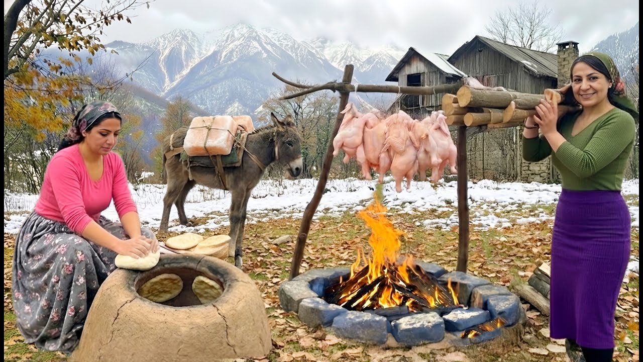 Village Life Cooking : Chicken Cooked on a Salt Stone & Oven Bread
