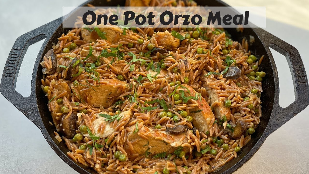 one pot creamy orzo with peas, mushroom and chicken