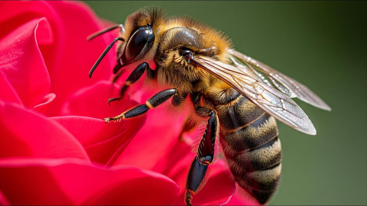 🎬Bee Close-Up in 8K Ultra HD: Collecting Nectar on a Red Rose – Your Gateway to Tiny Wonders