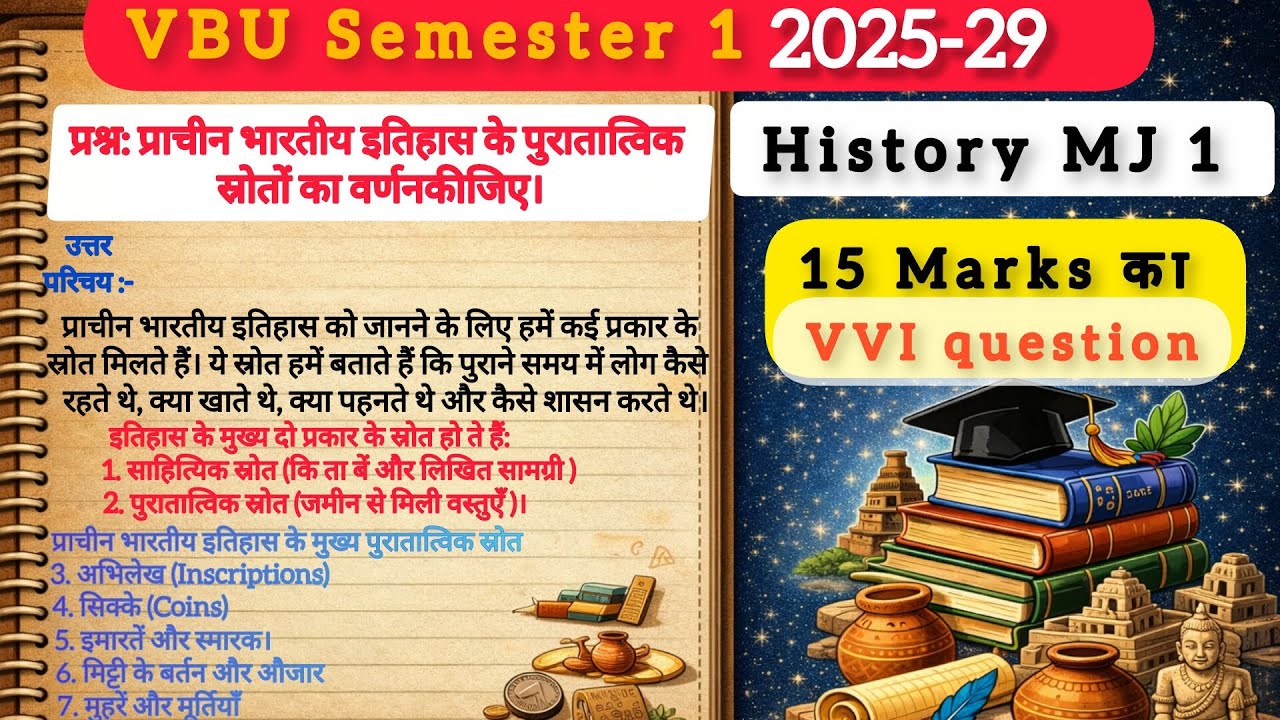 Sem 1 History MJ 1 | प्राचीन भारतीय इतिहास के पुरातात्विक स्रोत 15 Marks VVI Question | Hindi Notes 