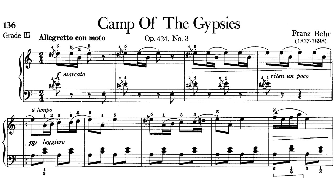 Piano Pieces for Children Grade 3 No.43 Behr Op.424 No.3 Gypsies Camp (P.136) Sheet Music