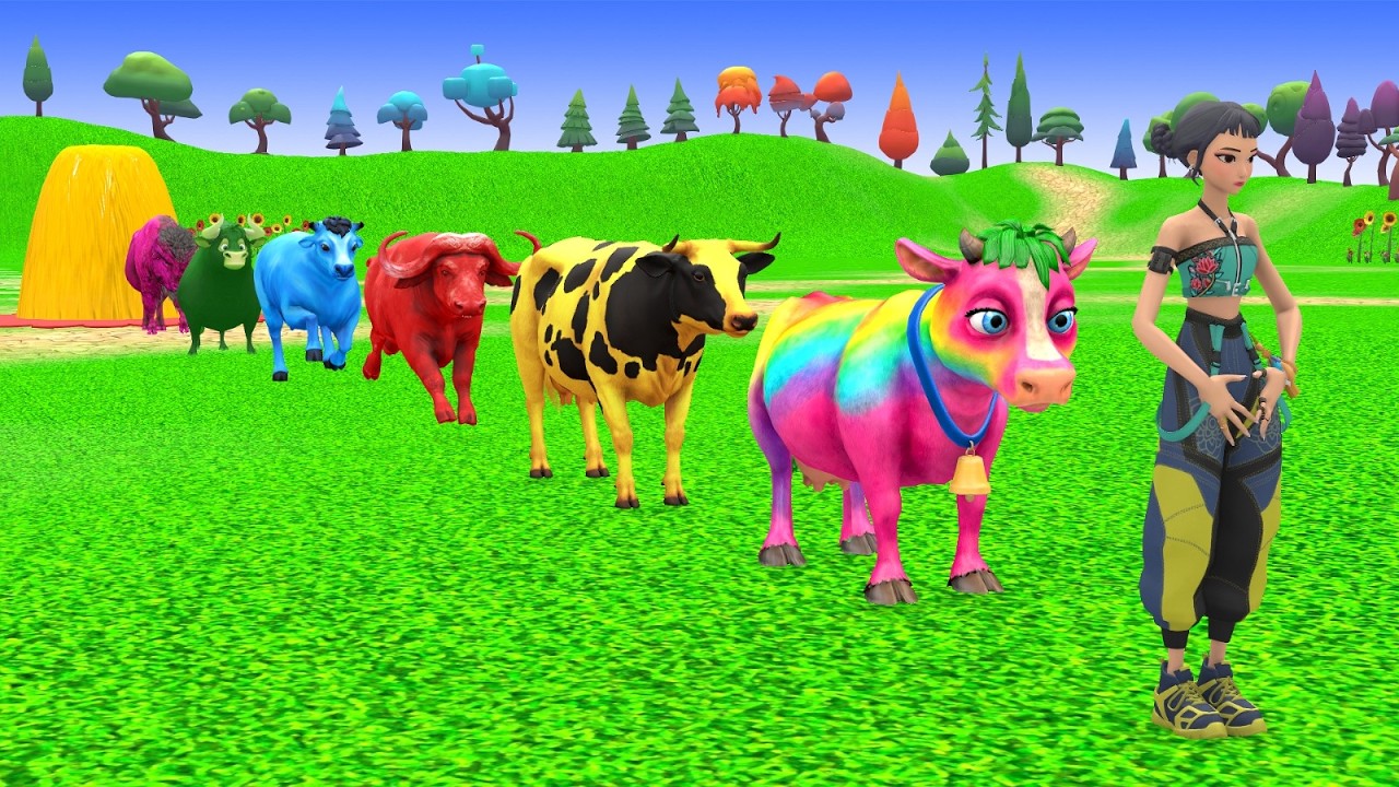 Paint Animals Cow Cartoon Yak Bison Bull Ox African Buffalo Fountain Crossing Animal Transformation