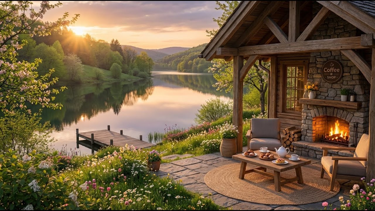 Relaxing Spring Cafe Jazz ☕ Lakeside Focus Ambience