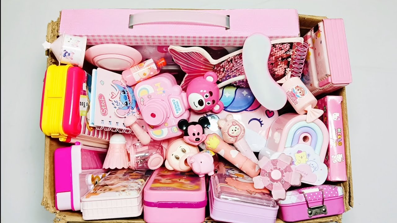 Pink colour stationery items - hello kitty stationery set, pencil box, camera light, eraser, pen