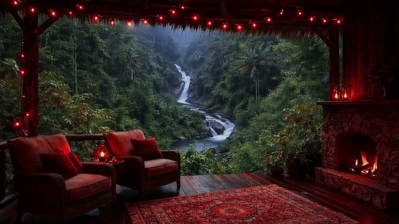 Rainy Jungle Waterfall 🌧️ Cozy Lanai & Fireplace Ambience for Sleep and Relaxation (3 Hours)