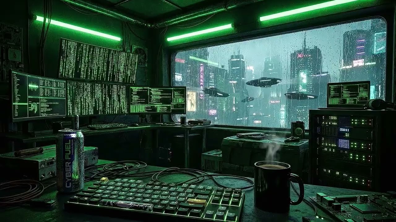 Hacker's Room in the Rain 💻 Dark Synthwave Lofi & Cyberpunk City Ambience for Coding [3 Hours]