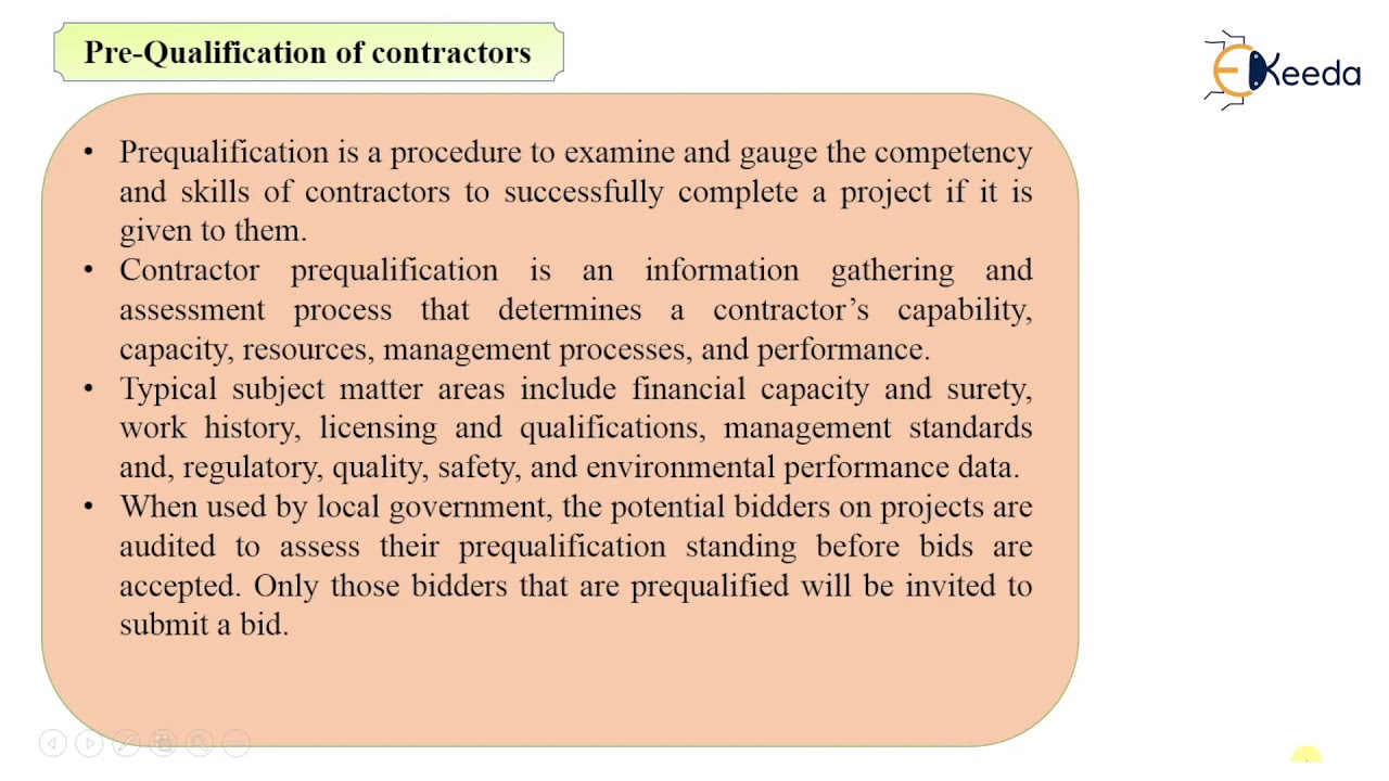 Pre Qualification of Contractors - Tenders and Contracts - Quantity Survey Estimation and Valuation
