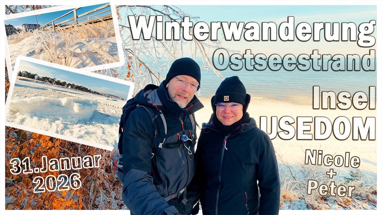 Winterwanderung Ostseestrand Insel Usedom 2026. Wie kalt ist das denn? Schnee und eiskalter Ostwind.