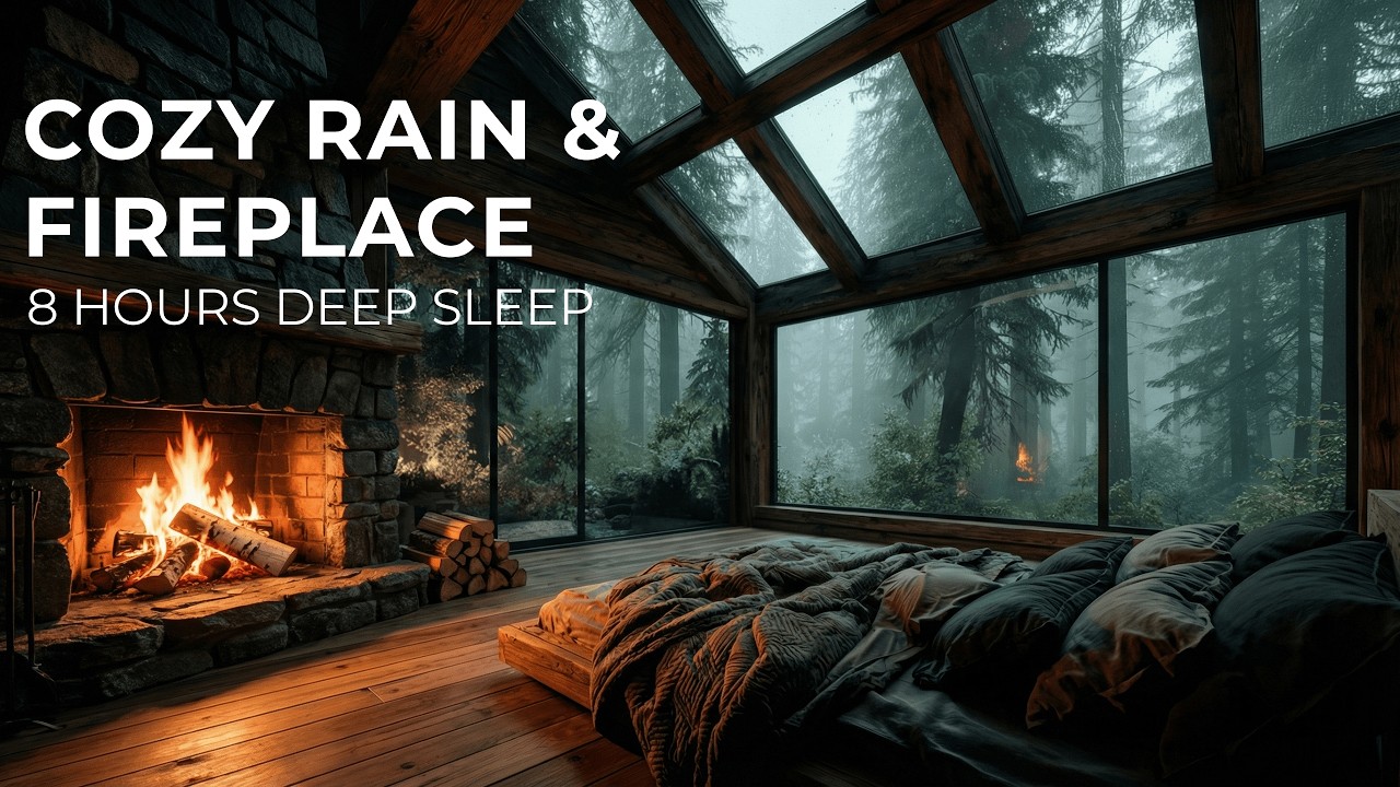 Cozy Fireplace & Rain 🔥🌧️ Relaxing Music for Stress Relief and Deep Sleep | 8 Hours 4K