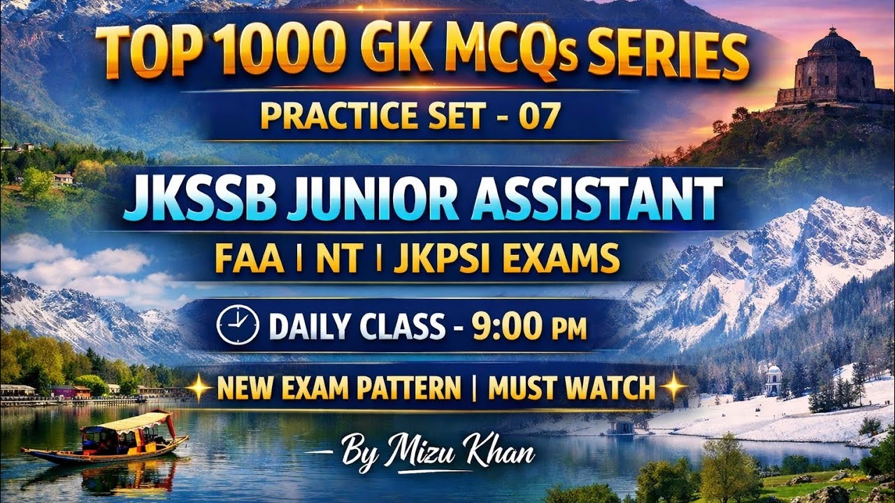 TOP 1000 GK MCQS | FOR JKSSB JUNIOR ASSISTANT | FAA | JKPSI | NT | FOREST INSPECTOR EXAM. 
