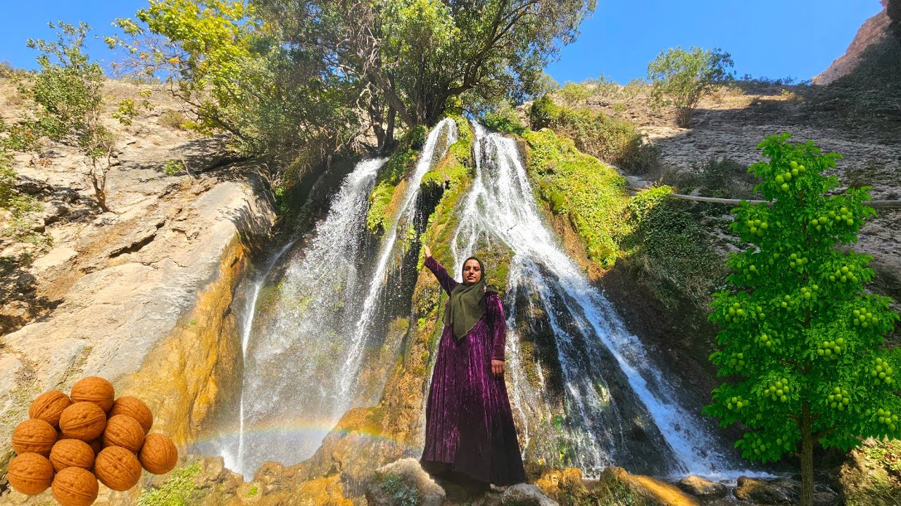 Nomadic woman on the walnut tree, stunning scenery