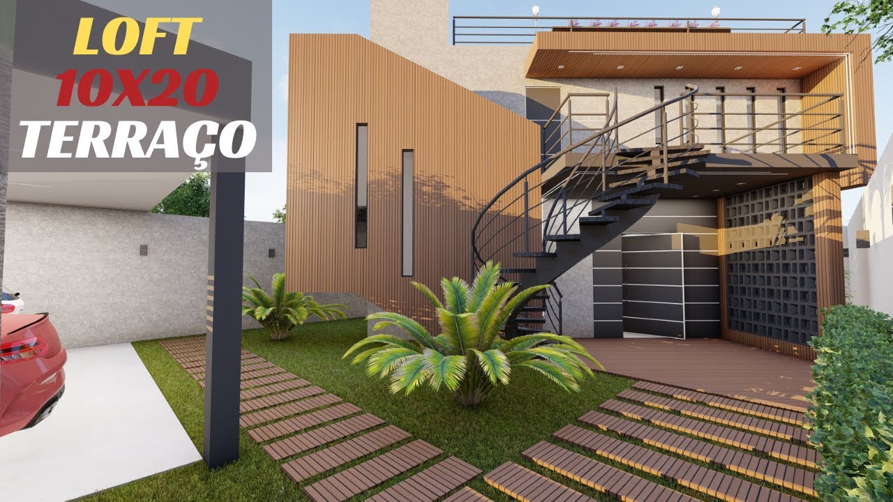 Loft pequeno de 60m² com terraço - planta baixa - cena noturna-