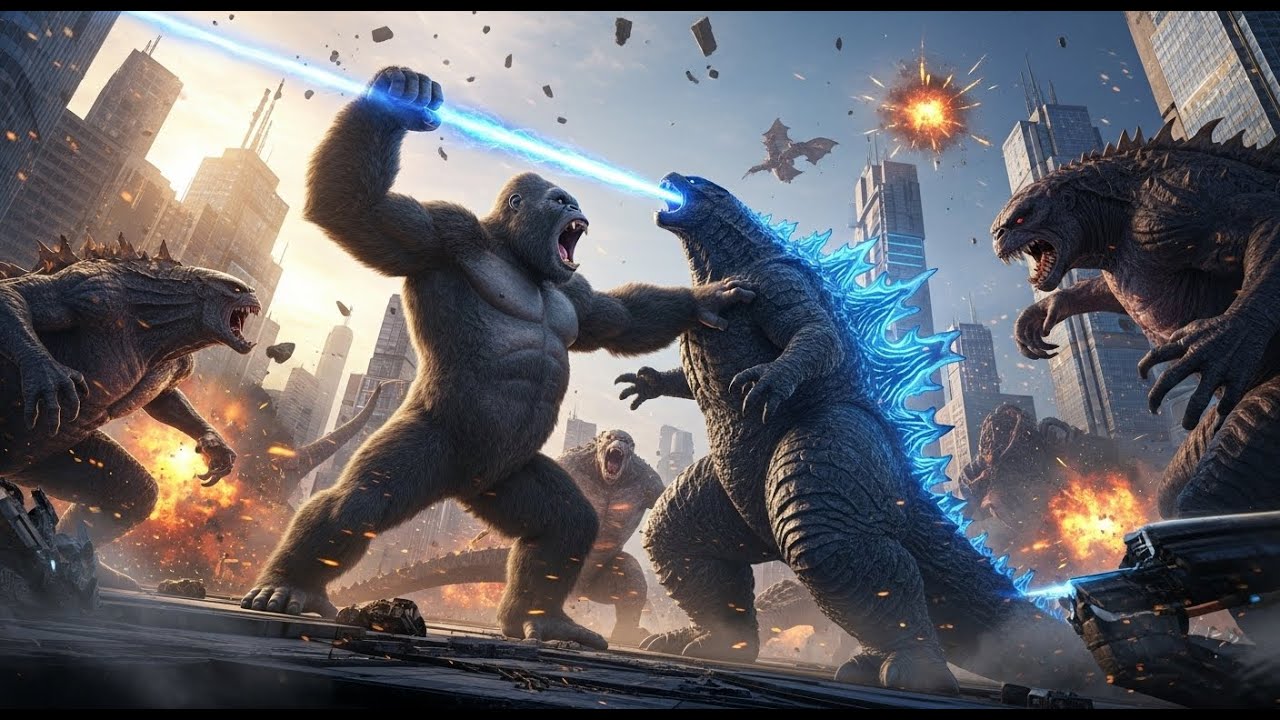 Epic Clash! Kong and Godzilla: A decisive battle against monsters in the city.