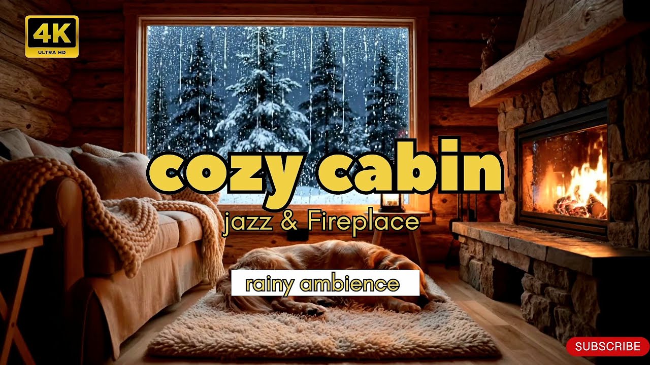 🔥 Cozy Jazz Fireplace Night with Sleeping Dog — Rainy Cabin Ambience LIVE