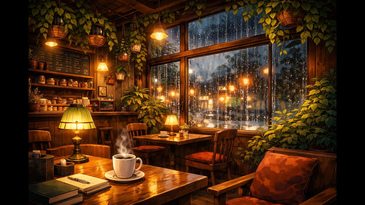 Cozy Café Evening ☕ Rainy Night Instrumental for Study, Relaxing, Work