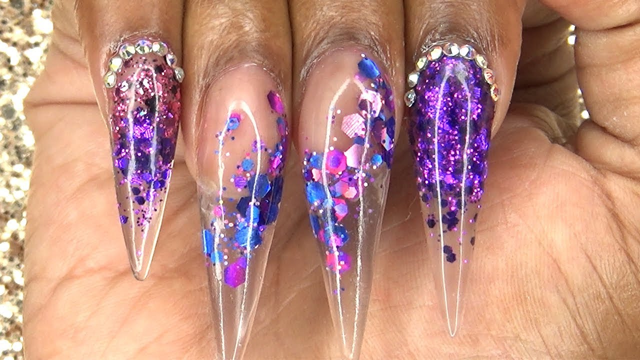 Acrylic Nails Tutorial - How To Acrylic Nails with Nail Forms - Purple Glitter Glass Tips Nails