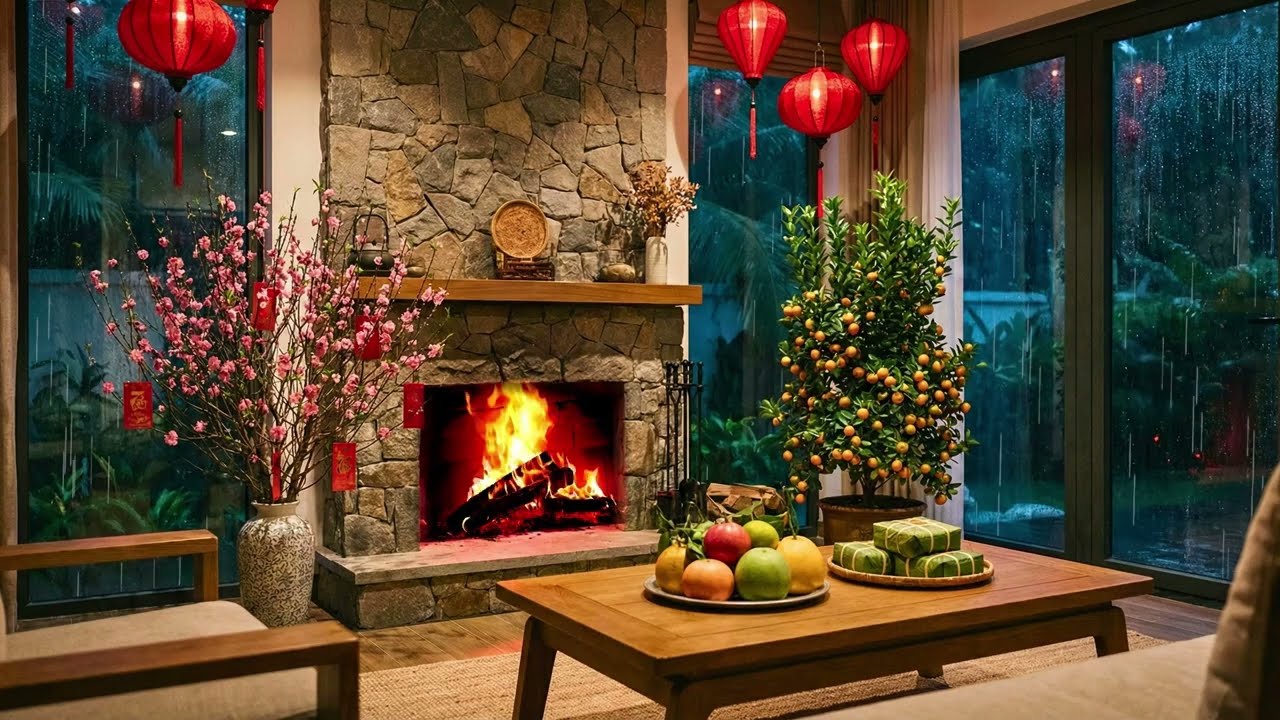 Cozy Tết Evening with Gentle Piano & Fireplace Rain
