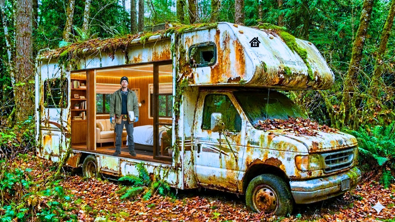 This Man Built a LUXURY HOUSE Inside an Abandoned Winnebago (ASMR) — Building a Home in the Forest