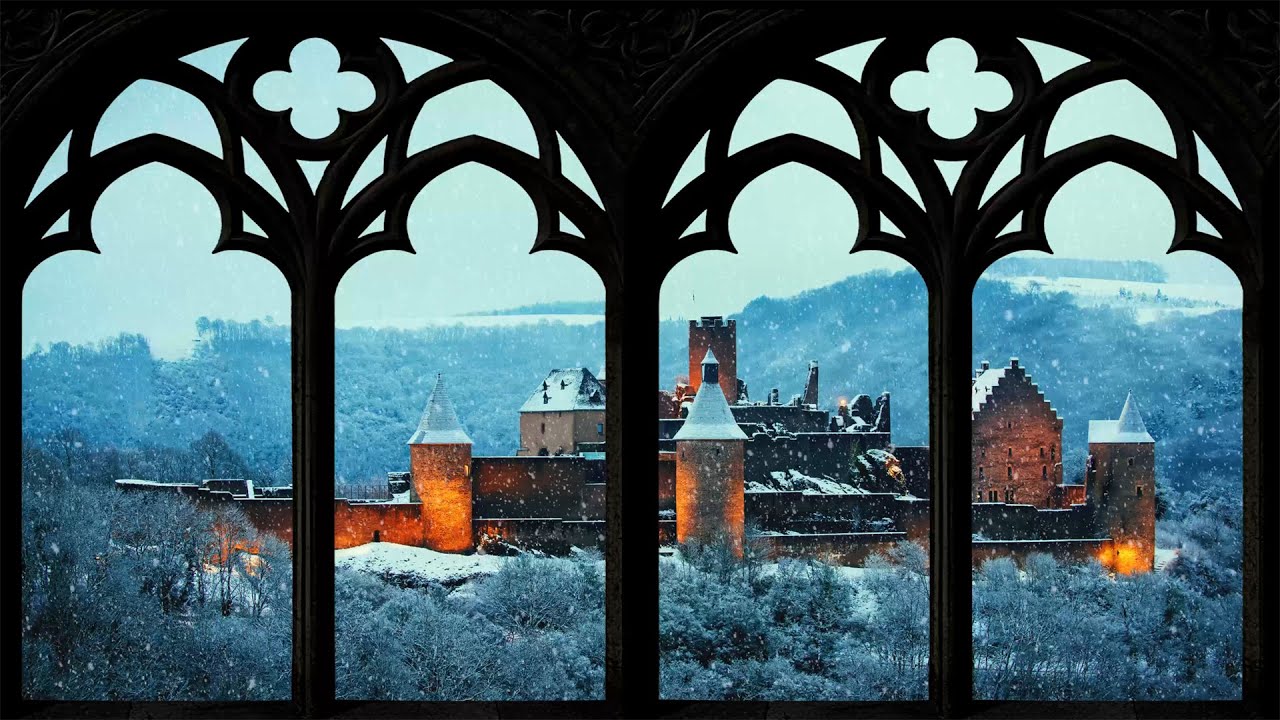 Snowy Medieval Castle Night View | Fake Window Projector