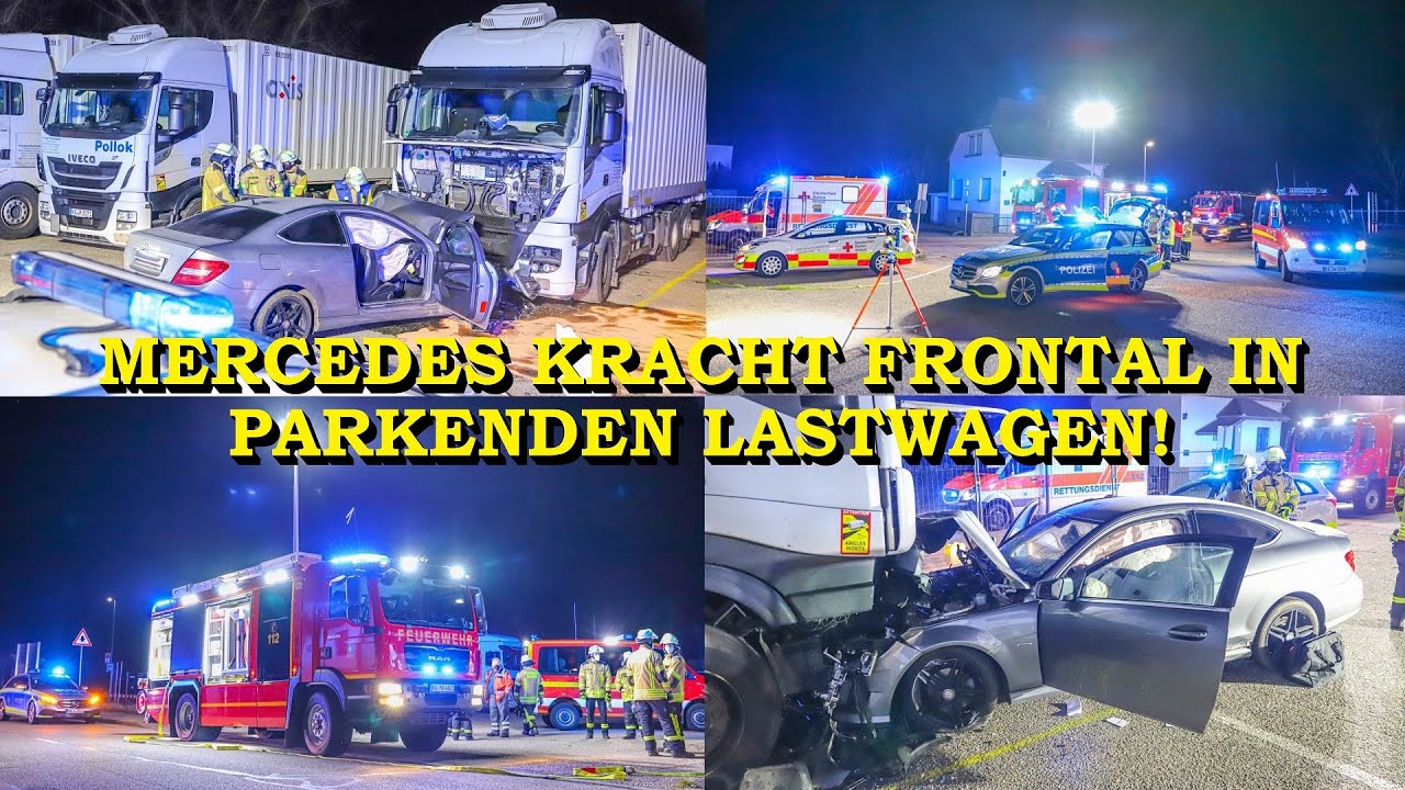 [Mercedes rast frontal in Lastwagen] - Gro&szlig;e Zerst&ouml;rung auf Parkplatz - | Feuerwehr & DRK im Einsatz