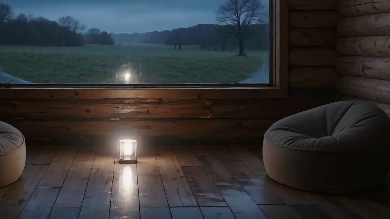 Early Nighttime Wooden Cabin  Night Rain and Wind for Background Ambience  3 Hours