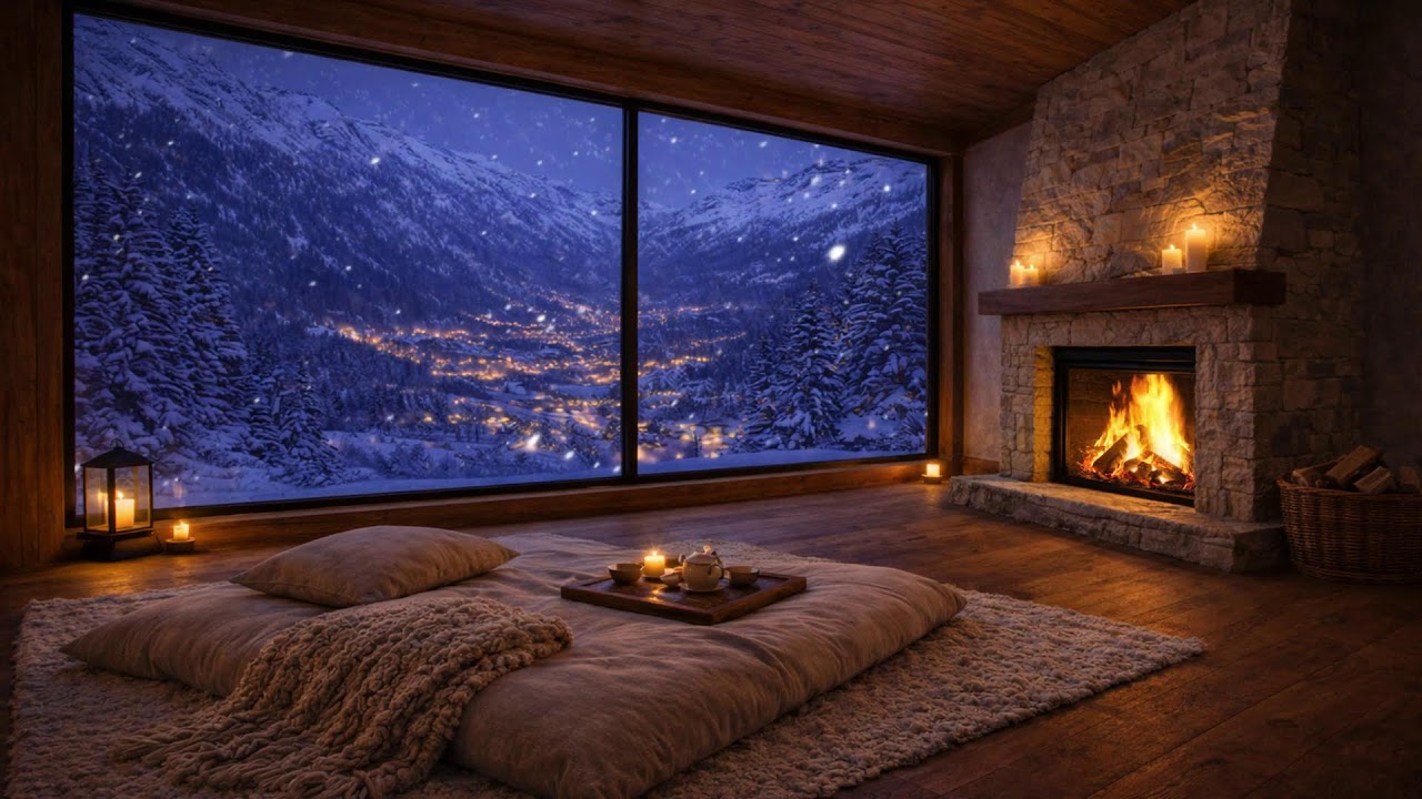 Snowfall Haven Cabin 🔥 Winter Night for Stress Relief & Calm