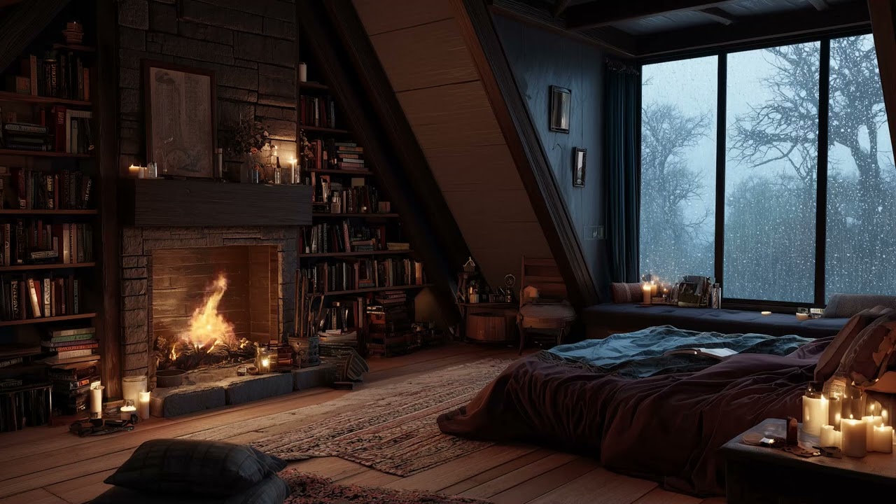 Fireplace Light & Soft Rain 🌧️ Calm Night Ambience