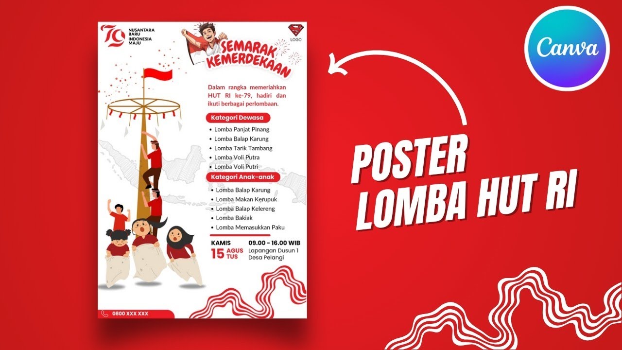 Cara membuat poster /pamflet LOMBA HUT RI 79 di Canva, Desain poster perlombaan 17 Agustus 2024