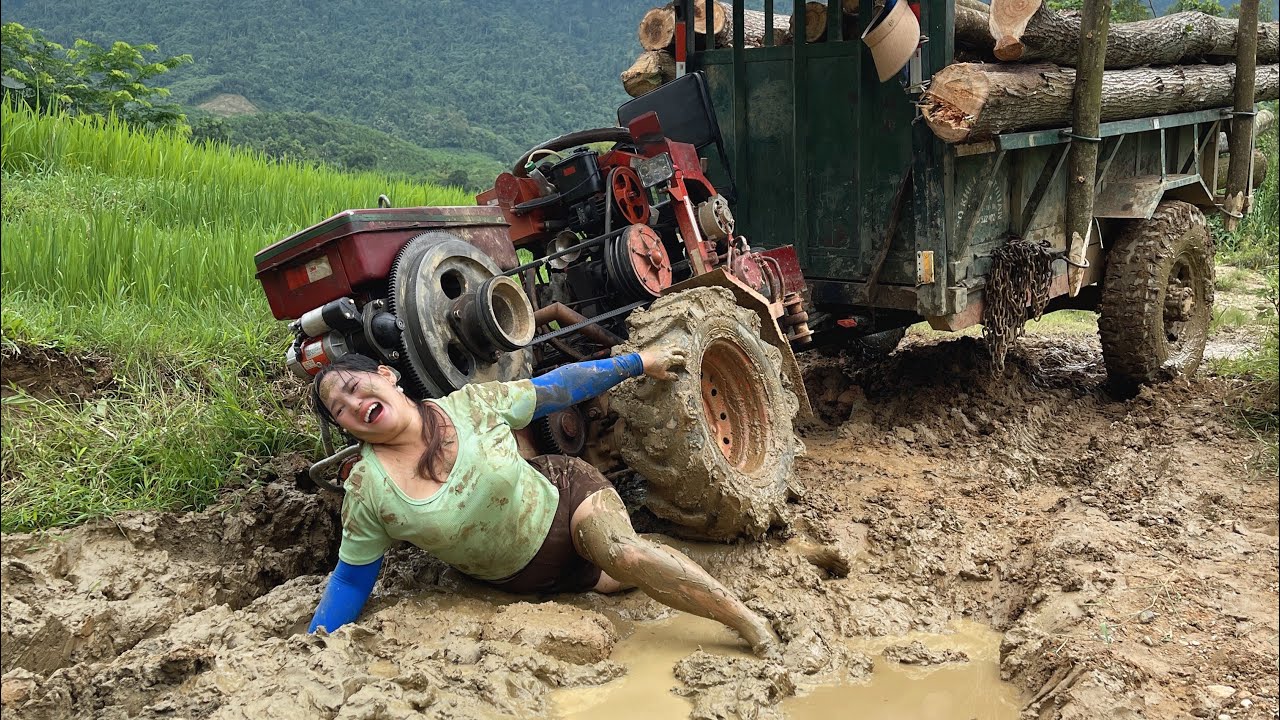 Agricultural vehicles transporting timber through extremely muddy and difficult roads