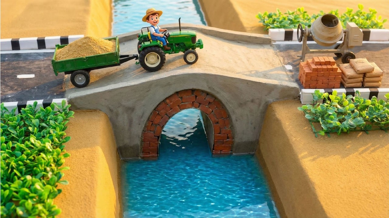 DIY Mini Tractor Builds Brick Cement Railing Bridge | Fun Construction Science Project