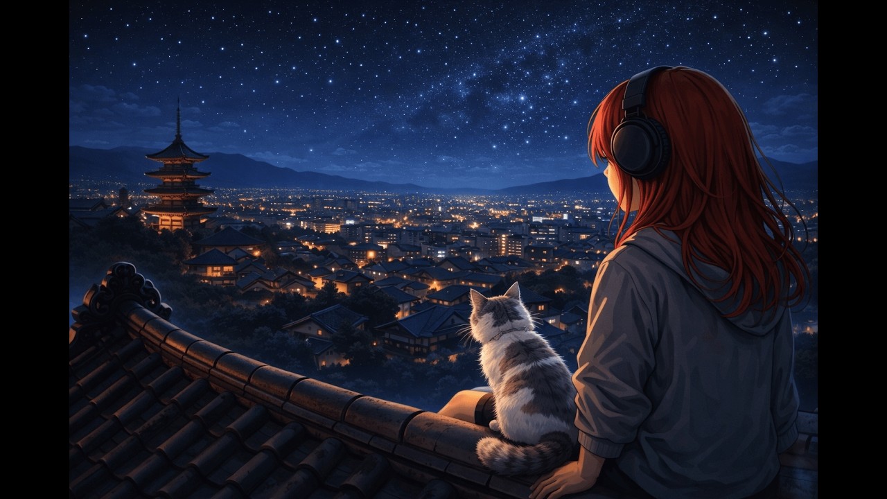 Kyoto Rooftop at Midnight 🌙✨ Japanese Lofi for Study & Deep Focus | Night City Ambience with Cat