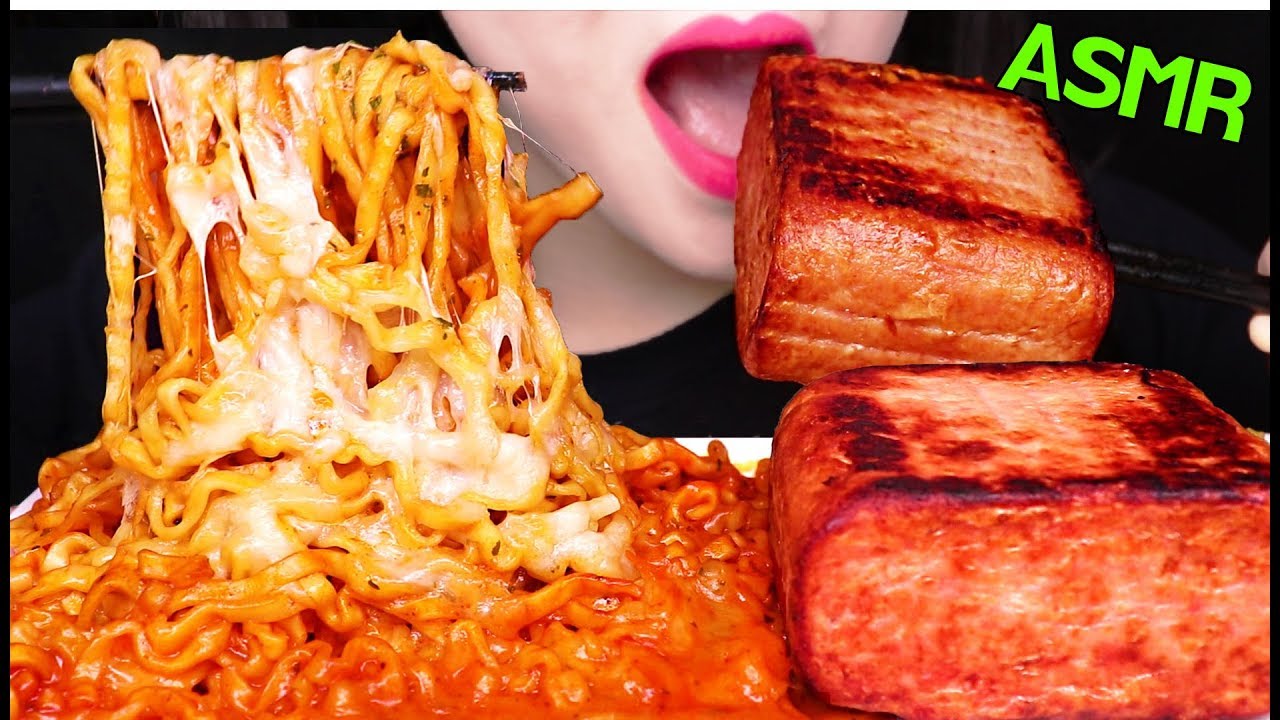 ASMR WHOLE SPAM + CHEESY SPICY NOODLES 통스팸 + 치즈 까르보 불닭 볶음면 먹방 EATING SOUNDS (NO TALKING) MUKBANG