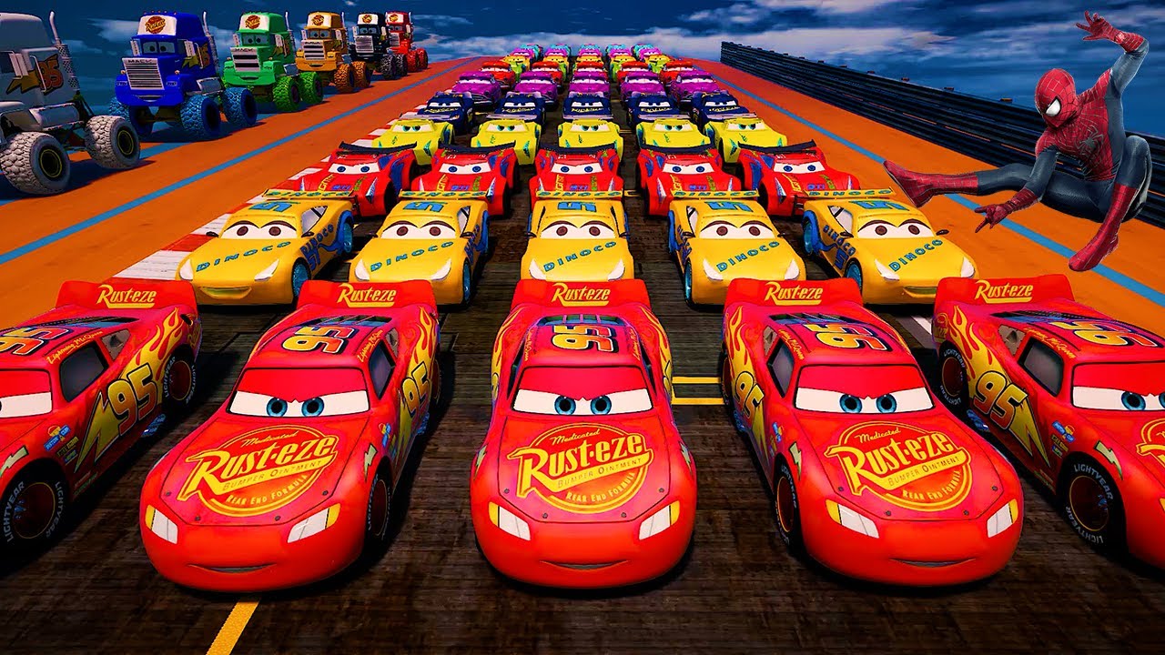 GTA 5 Spiderman Cars Challenge Lighnting and Monster McQueen Dinoco Fabulous Jackson Storm & Friends