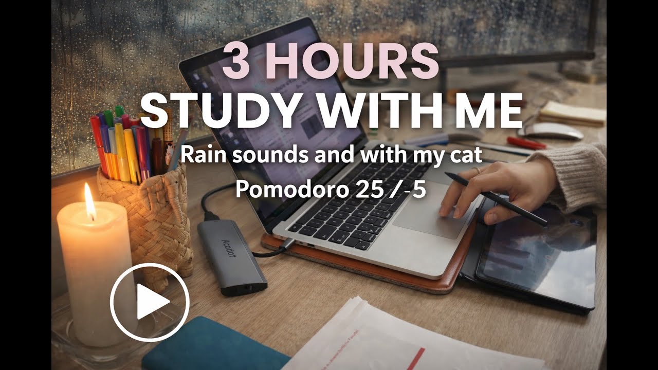 Study With Me · 3 Hours · Pomodoro 25/5 · Rainy Sounds · Cozy & Calm