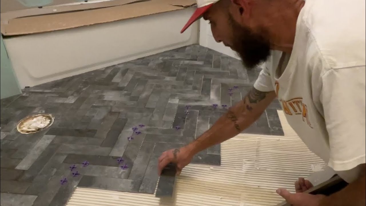 Herringbone Pattern Porcelain Subway Tile! Bathroom Floor Install 