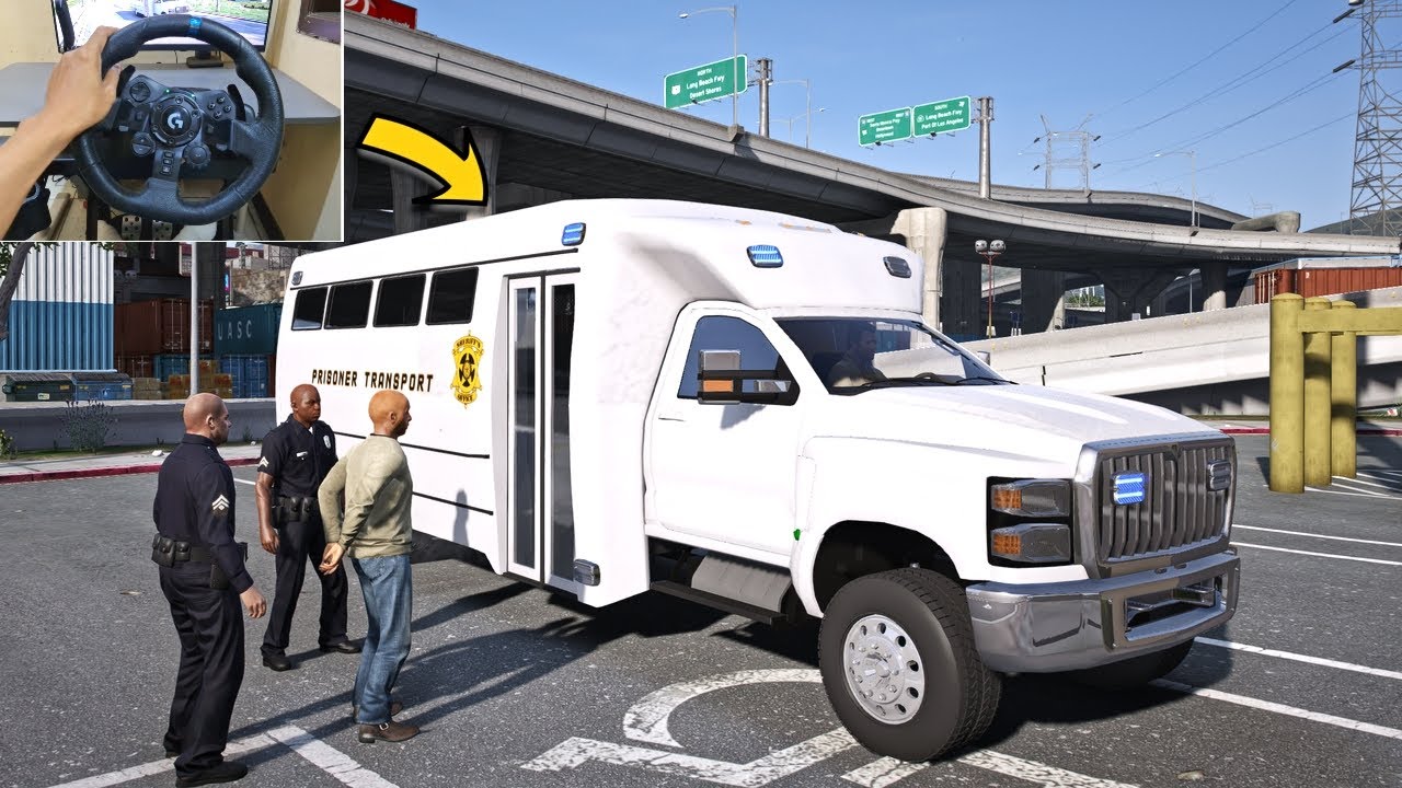 GTA 5 Lets Go To Work as Prison Bus Driver Transporting Prisoner - Steering Wheel Gameplay