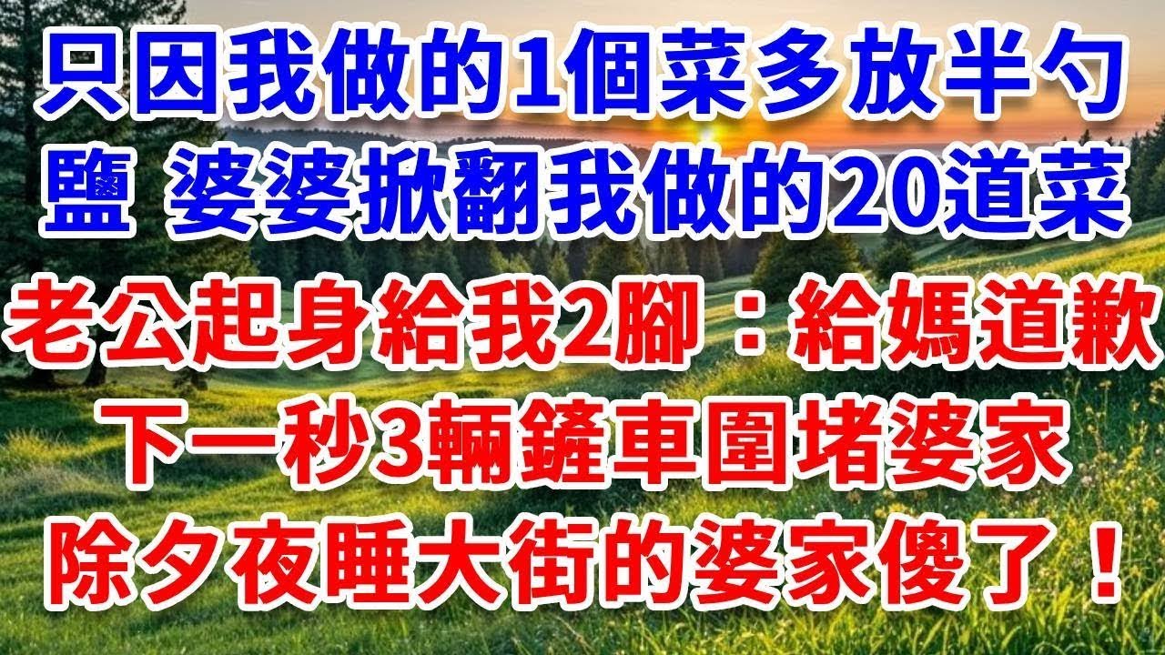 只因我做的一個菜多放半勺鹽，婆婆掀翻我做的20道菜，老公起身給我2腳：給媽道歉！下一秒3輛鏟車圍堵婆家，除夕夜睡大街的婆家傻了！#詩涵講故事#為人處世#生活經驗#情感故事#晚年哲理#說故事#完結文