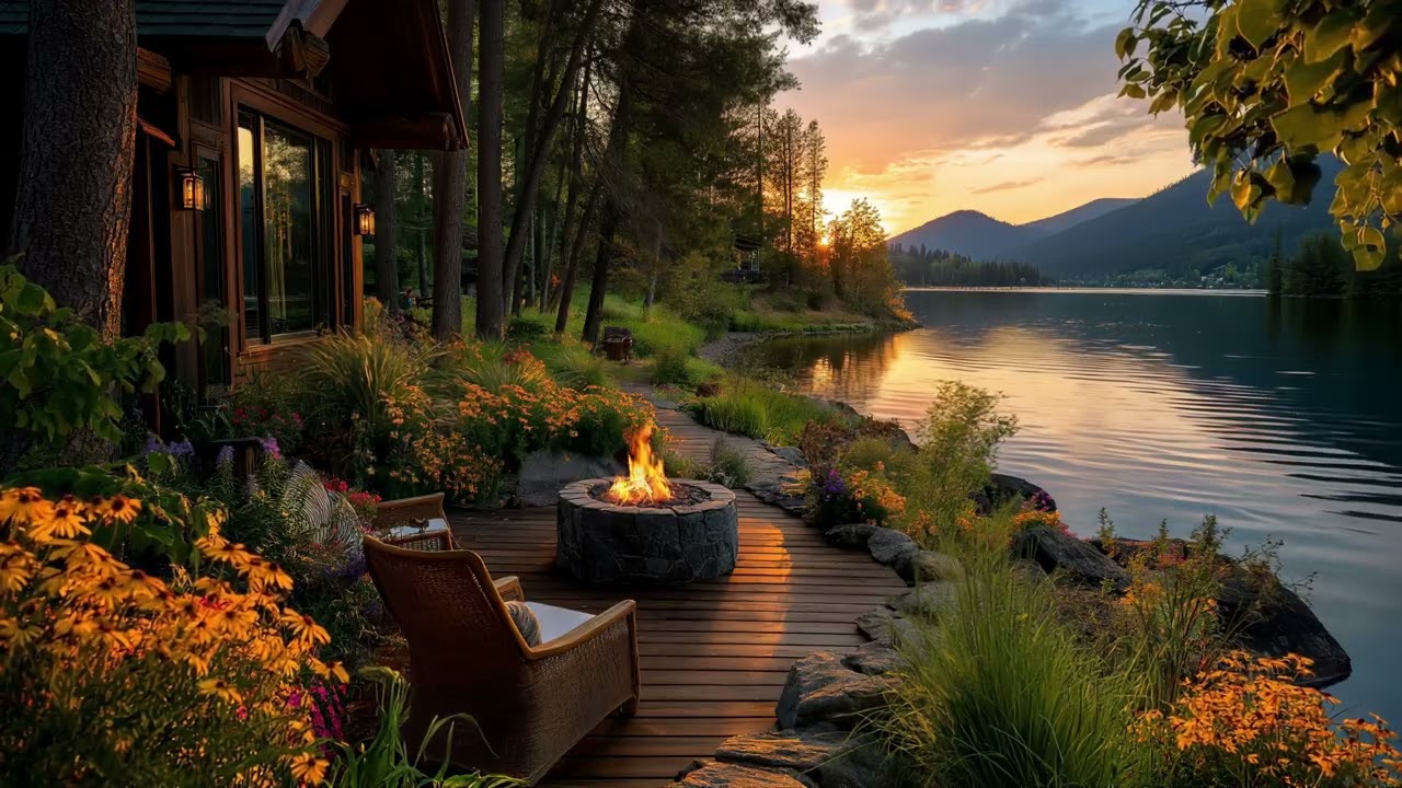 Cozy Lakeside Cabin Ambience | Fireplace, Calm Lake Waves, Deep Relaxation