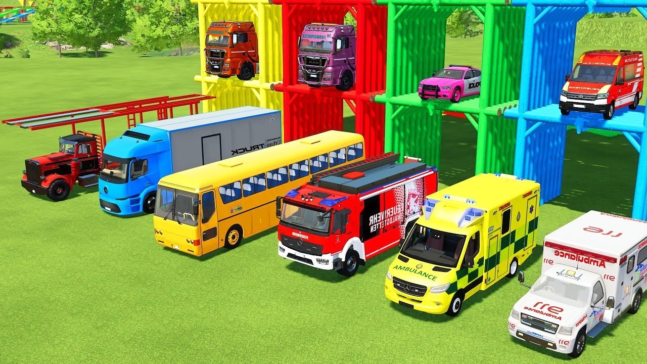 CHEVROLET, DACIA, FORD, VOLKSWAGEN POLICE CARS & MERCEDES AMBULANCE VEHICLES TRANSPORTING ! FS22