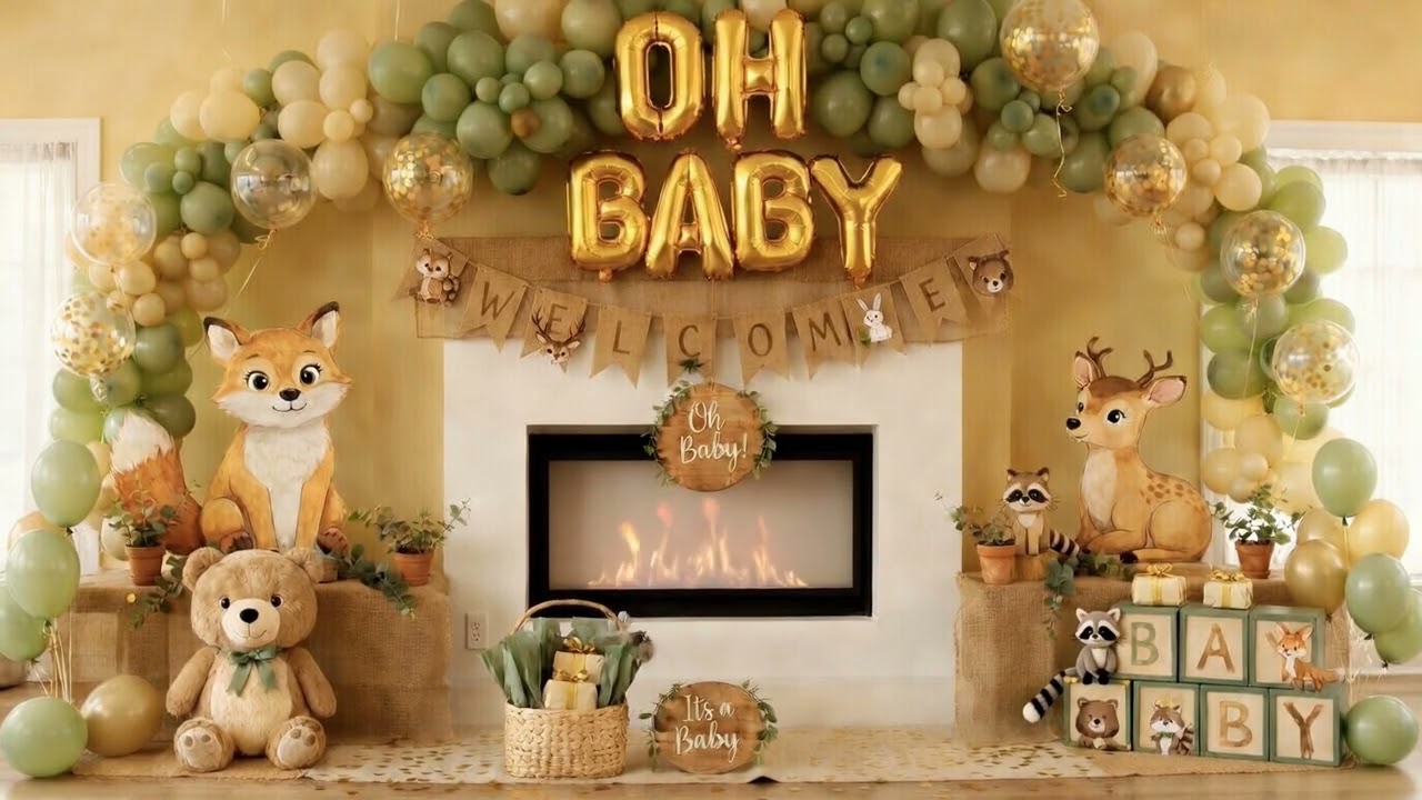 Gender Reveal Woodland Baby Shower Fireplace Background 3 Hours 🦊 Oh Baby Ambience Screensaver