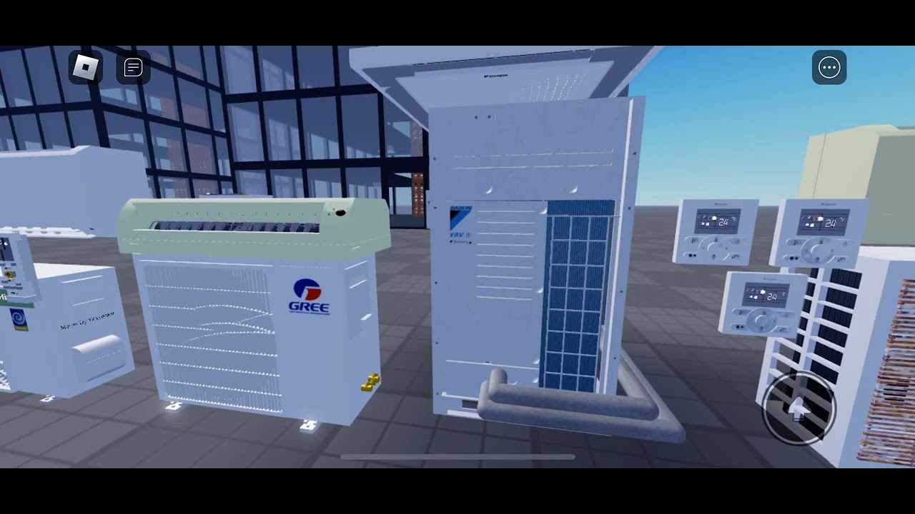 Two houses and two buildings and a long line of air conditioners in Roblox