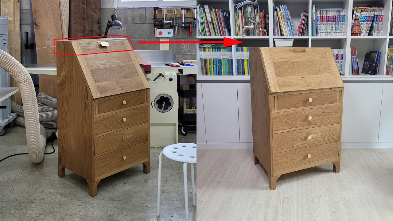 Slant front desk - part 3 : Shorten length of door and side, Make new top panel